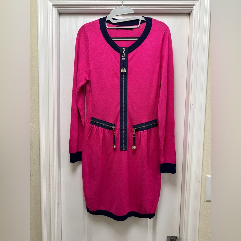 Elisabetta Franchi Cyland Sweater Dress - Hot pink/fuschia with navy trim. Large